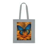 Model carrying the Blue Butterfly Cotton Tote — Nature Floral Reusable Shopper Bag, highlighting its stylish and practical design.