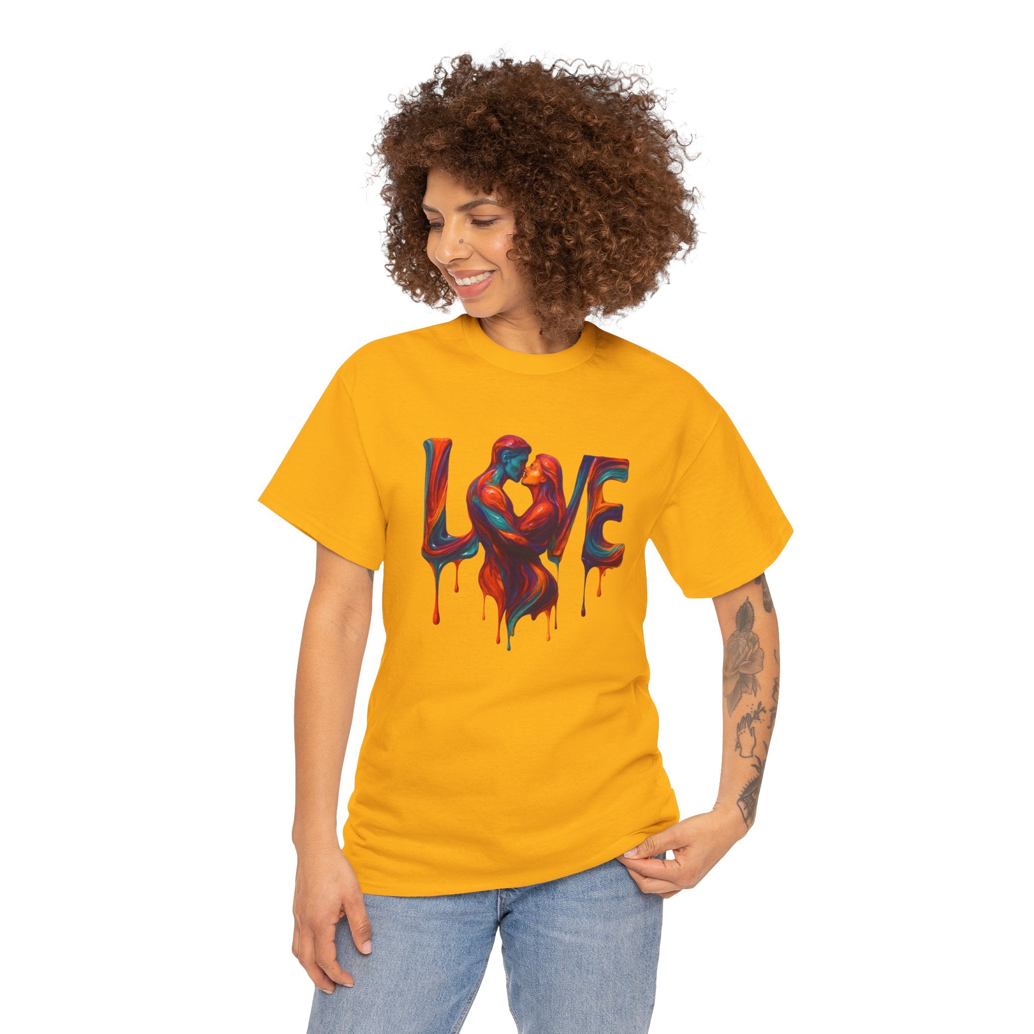 Casual outdoor setting featuring a couple in Love Unisex Heavy Cotton Tee, ideal gift for Valentine's Day.