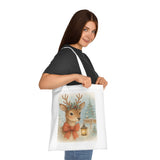 Product detail of the Christmas Reindeer Tote Bag highlighting the soft, 100% cotton fabric ideal for detailed printing.