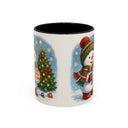 Two sizes of the Christmas Snowman Coffee Mug in 11 oz and 15 oz with vibrant Christmas design.