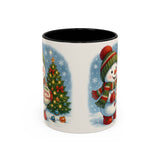 Two sizes of the Christmas Snowman Coffee Mug in 11 oz and 15 oz with vibrant Christmas design.