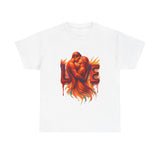 Close-up of the artwork on the Love Flames Graphic Tee — Fiery Embrace Romantic Couple T-Shirt, showcasing the flame-like design.