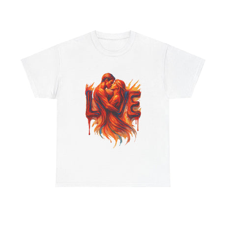 Close-up of the artwork on the Love Flames Graphic Tee — Fiery Embrace Romantic Couple T-Shirt, showcasing the flame-like design.
