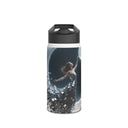 Sunset Cove Stainless Steel Water Bottle showing tropical sunset landscape design with the sun sinking behind rocky islets.