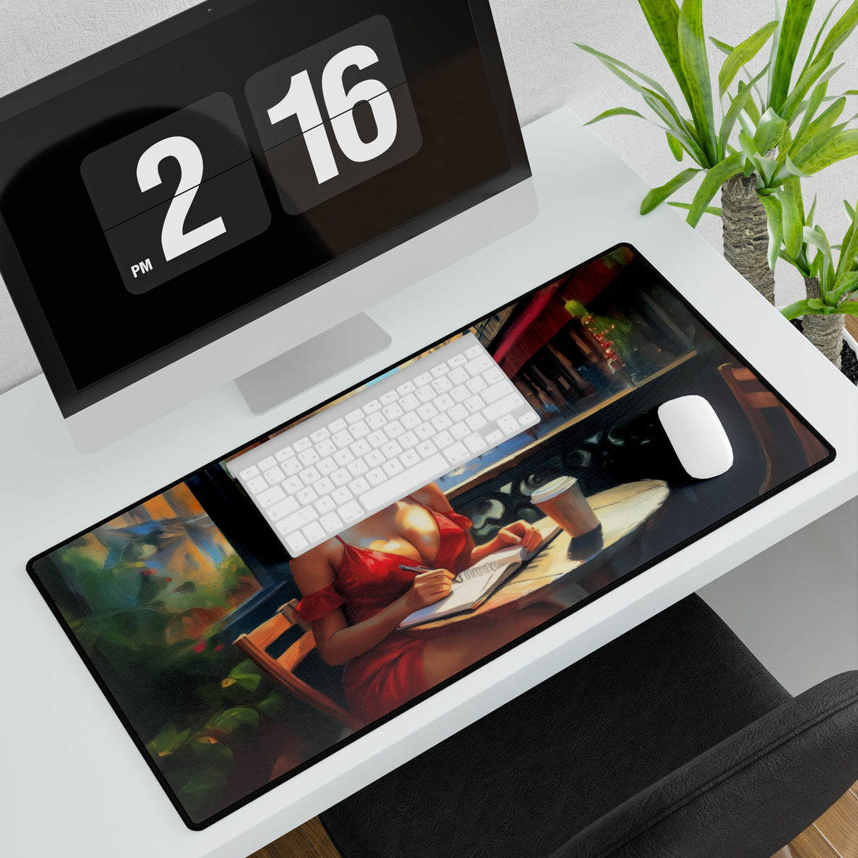 A cozy workspace featuring the Chic Artist Desk Mat - Coffee & Creativity, perfect for enhancing productivity and style.