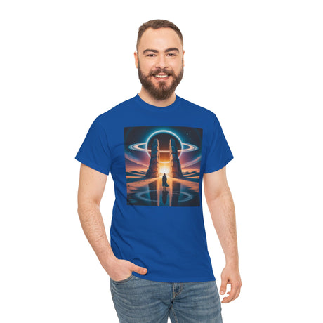 Sci-Fi Gateway T-Shirt featuring a glowing, otherworldly gateway graphic against a backdrop of ringed planets.