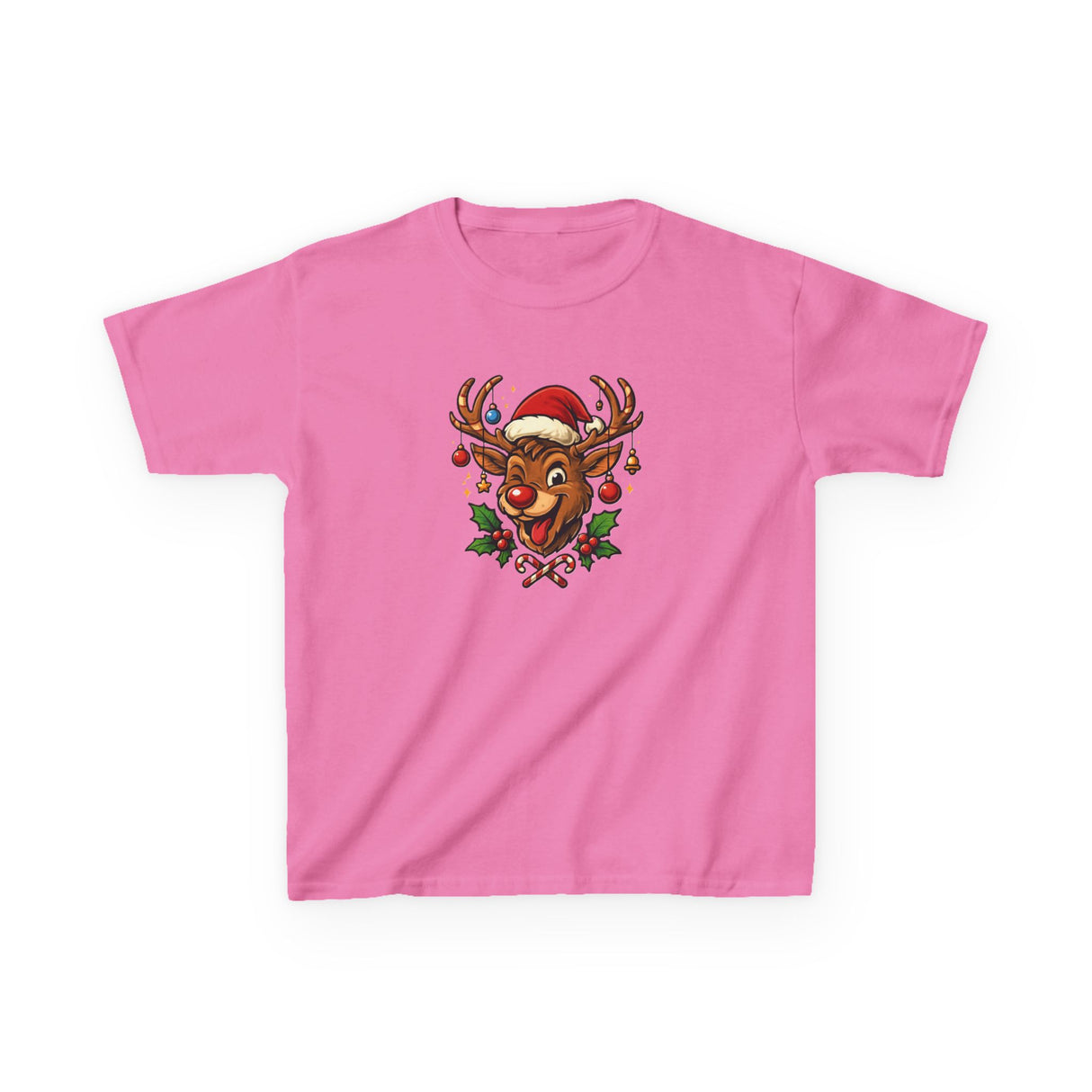 Kids Christmas Reindeer Tee — Cute Santa Hat Rudolph Holiday Shirt styled with other festive attire.