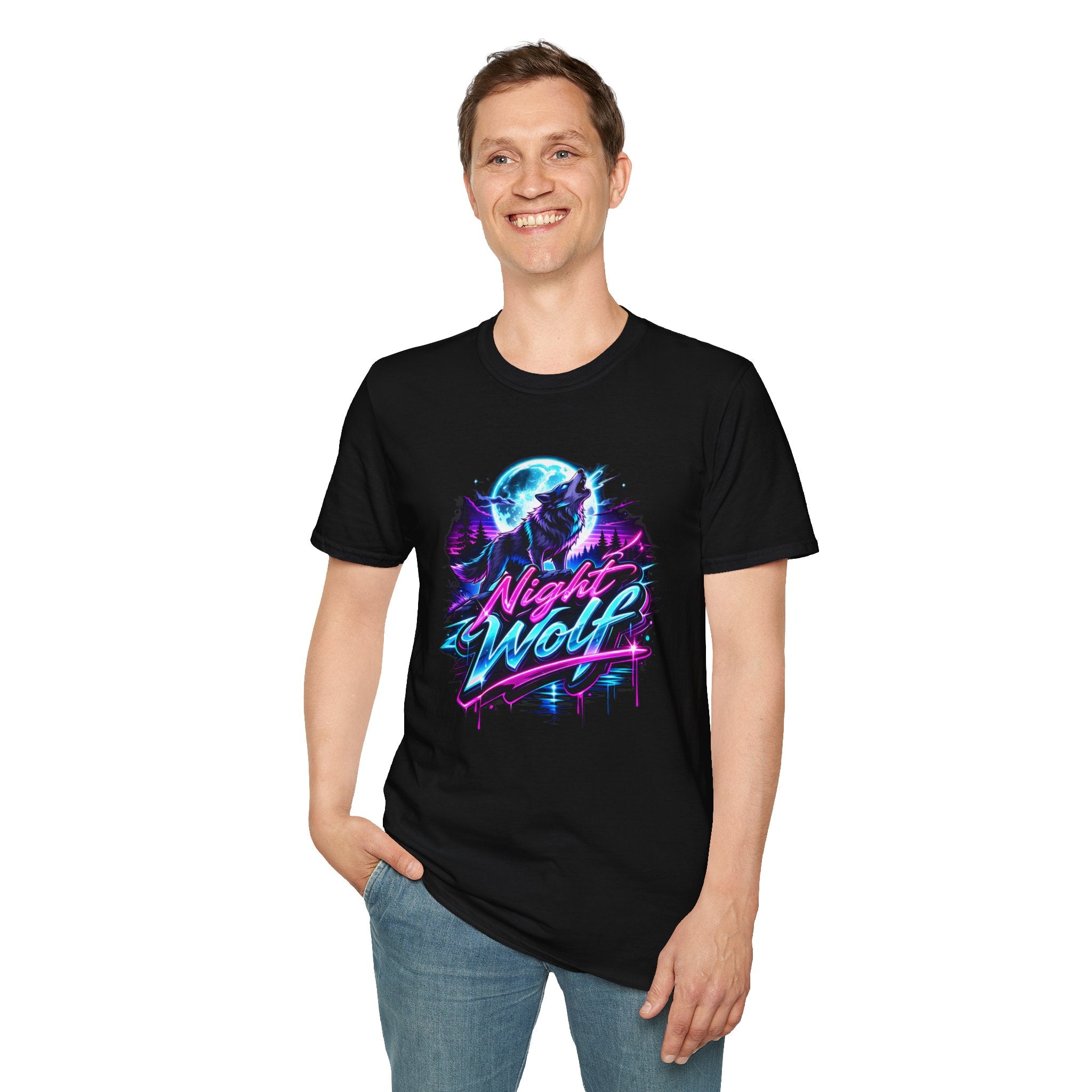 Night Wolf T-Shirt Retro Neon Wolf Graphic Tee Black