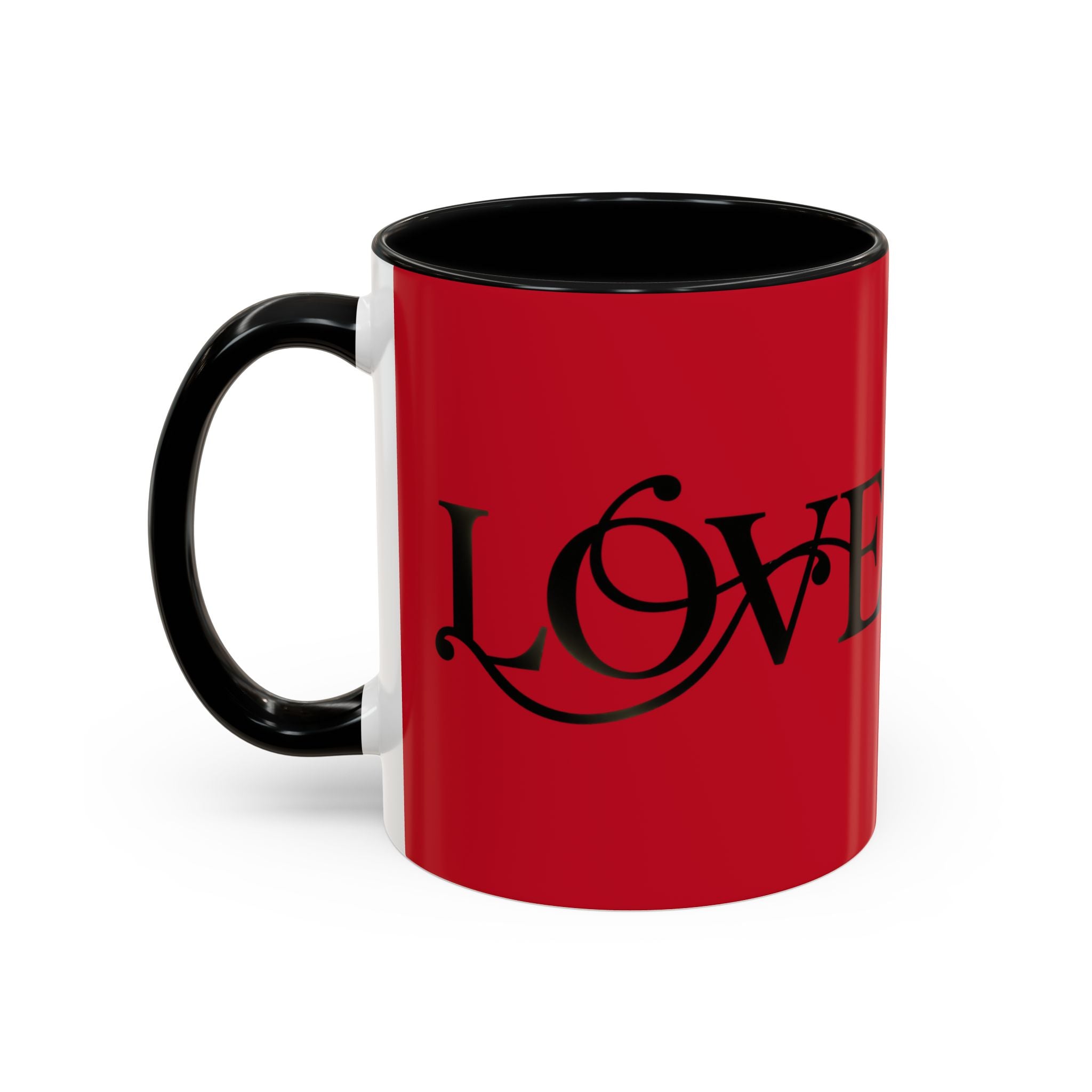Love Script Accent Coffee Mug — Red &amp; Black Romantic Ceramic Coffee Cup (11oz)