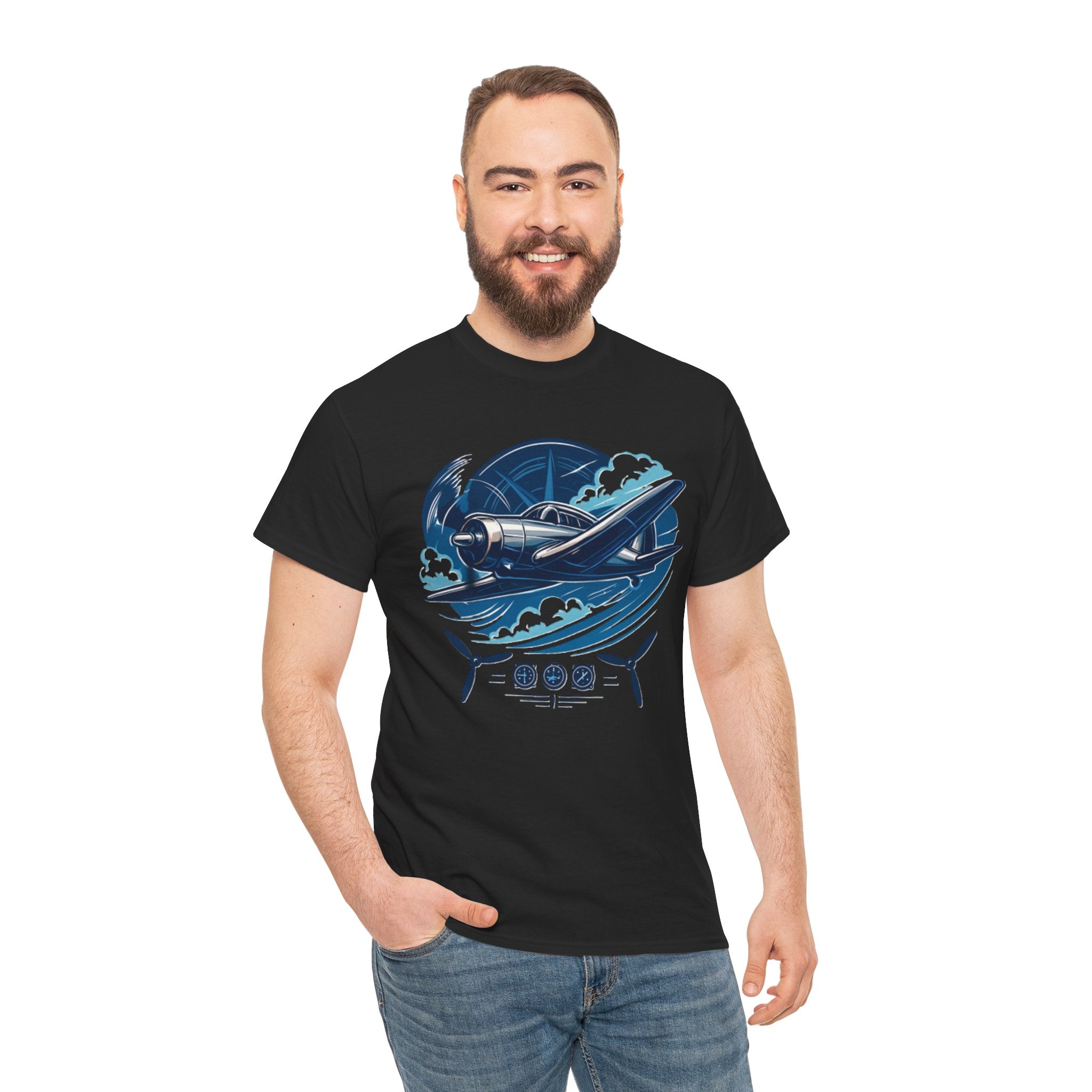 The Vintage Airplane Graphic Tee worn by a pilot at an airshow, highlighting the aviation theme.