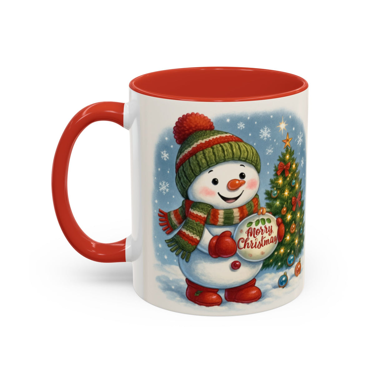 Person holding the Christmas Snowman Coffee Mug filled with hot cocoa, surrounded by holiday decorations.