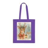 Christmas Reindeer Tote Bag displayed with holiday items atop a festive backdrop, ideal for cozy-season outings.
