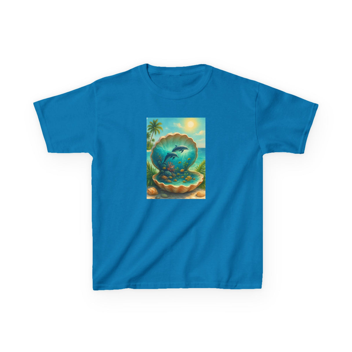 Kids Tee — Ocean Pearl Dolphin Shell Beach Graphic laid flat to show the tubular knit design and comfort features.