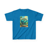 Kids Tee — Ocean Pearl Dolphin Shell Beach Graphic laid flat to show the tubular knit design and comfort features.