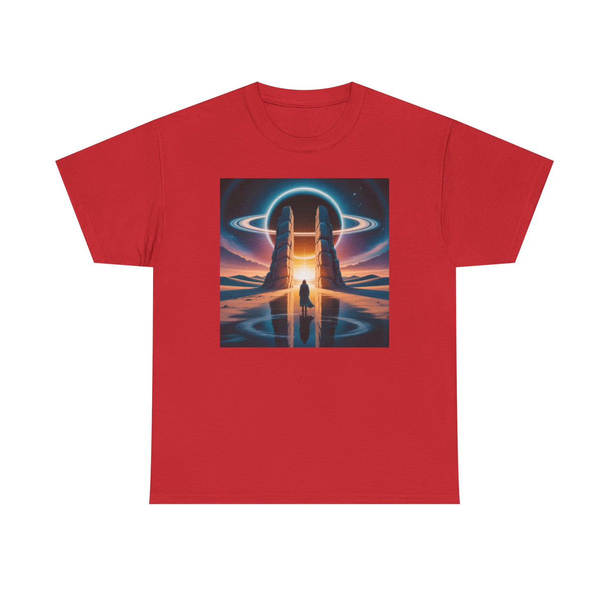 Sci-Fi Gateway T-Shirt laid flat, highlighting retro cosmic portal design.