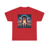 Sci-Fi Gateway T-Shirt laid flat, highlighting retro cosmic portal design.