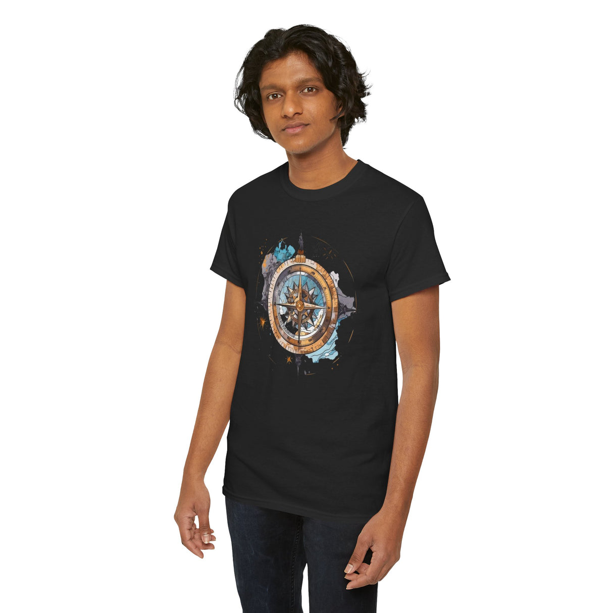 Side view of Compass Rose T-Shirt showcasing the clean drape and construction — Vintage Nautical Adventure Graphic Tee