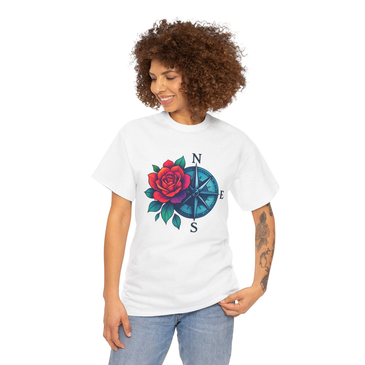 Artistic representation of the Compass Rose Tee — Red Rose Nautical Compass Graphic T-Shirt with layered backgrounds.