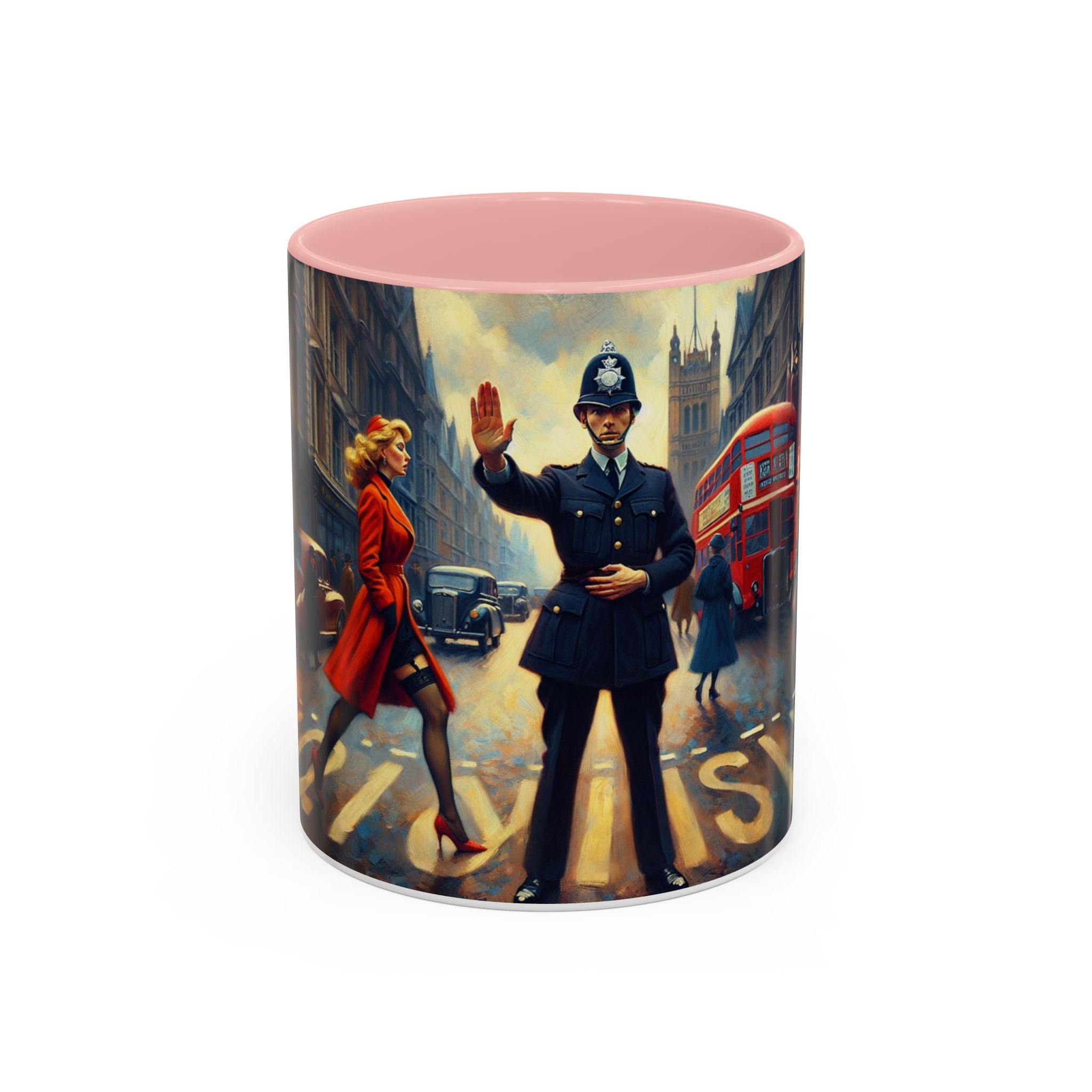 Elegant Vintage-Inspired Cityscape Accent Coffee Mug - 11oz &amp; 15oz displayed in a cozy kitchen setting.