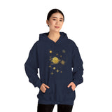 Celestial Compass Hoodie featuring a gold star and sun astronomy graphic showcased in a bright white background.
