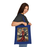 Artistic view showing the Vintage Pinup Tote Bag's full design, showcasing the retro glamour of its woman in a red dress print.