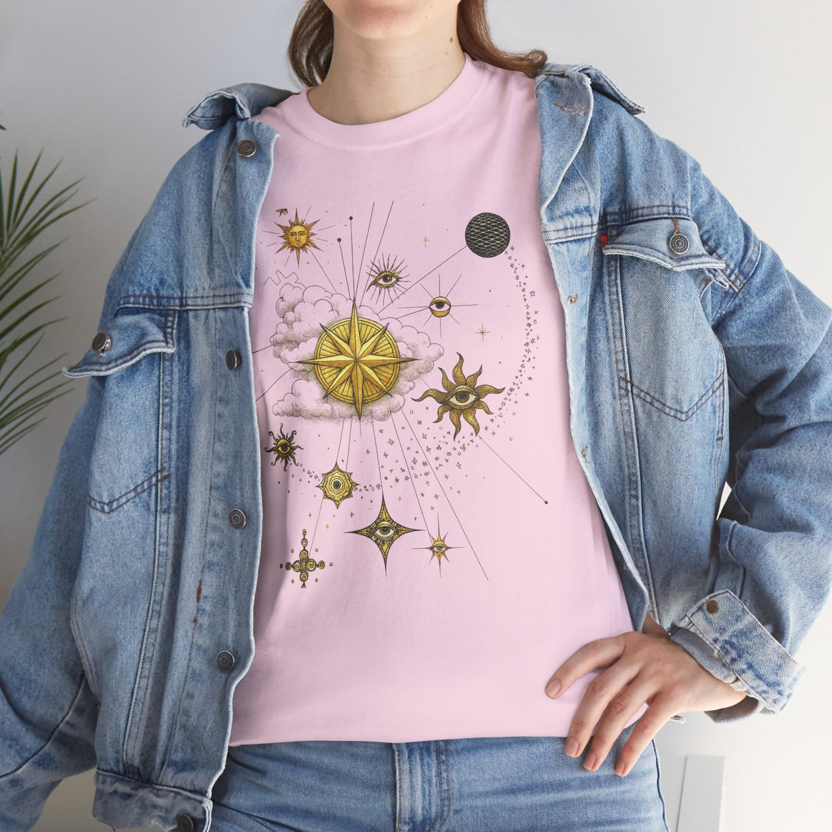Stylish Celestial Gold Star Map T-Shirt showcasing cosmic constellation graphics on a soft, breathable tee.