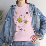 Stylish Celestial Gold Star Map T-Shirt showcasing cosmic constellation graphics on a soft, breathable tee.