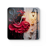 Art Nouveau Lady Cork Coaster Set — Elegant Red Dress Fantasy Drink Coasters