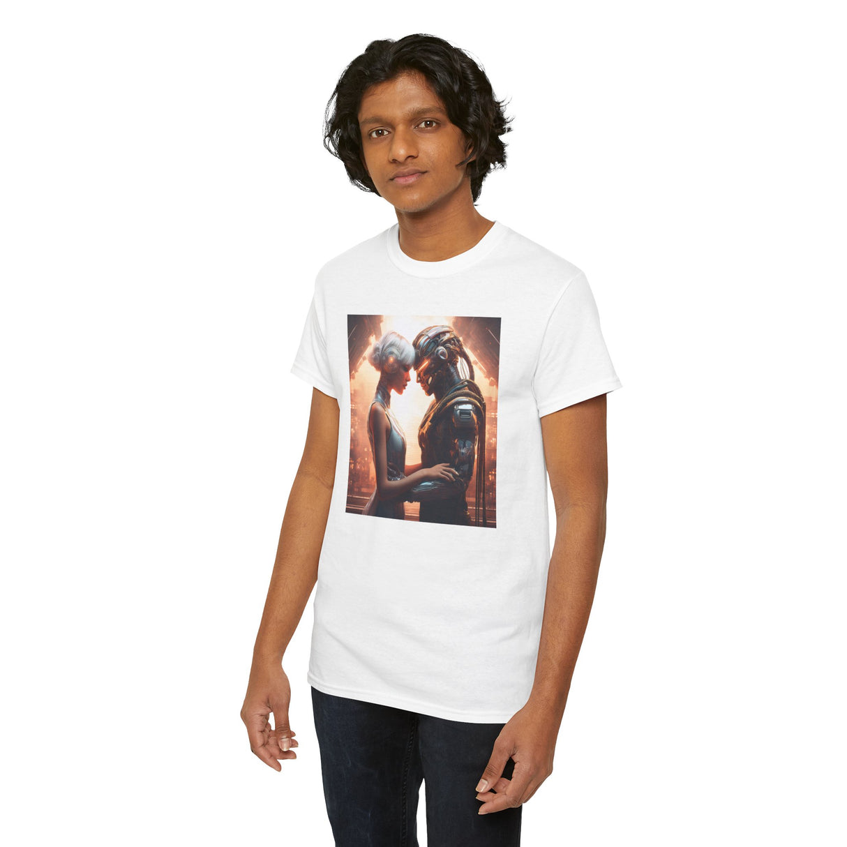 Romantic Sci-Fi Couple Tee — Futuristic Lovers Graphic T-Shirt main focus on a romantic narrative.