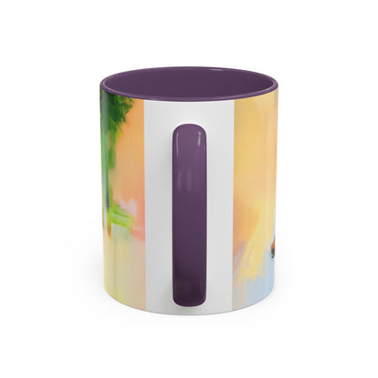 Artistic Red Dress Accent Coffee Mug - 11oz showcasing its vibrant hues alongside breakfast items