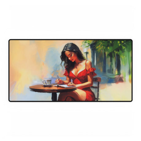 Elegant Café Scene Desk Mat showcasing vibrant colors and artistic design, perfect stylish office accessory for workspace decoration.