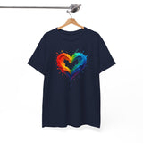 Rainbow Drip Heart T-Shirt displayed during a summertime outing, representing playful and vibrant fashion.