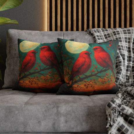 Close-up of the Cardinal Moon Decorative Pillowcase showcasing the rich, painterly detail of two red cardinals under a glowing moon.