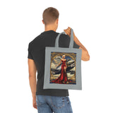 Woman using the Vintage Pinup Tote Bag for carrying books and crafts, emphasizing its versatility for daily errands.