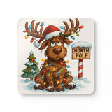 Cute Reindeer Christmas Cork Coaster Set showcasing a festive reindeer tangled in Christmas lights.