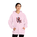 Love Kiss Hoodie with romantic dripping typography design, showcasing the bold 'LOVE' graphic in moody reds and deep blues.