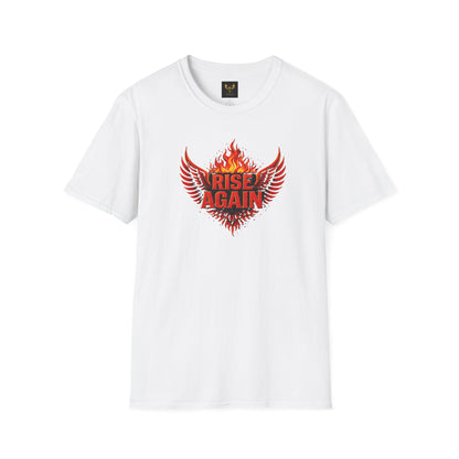 White t-shirt with a red and black graphic design on a white background

