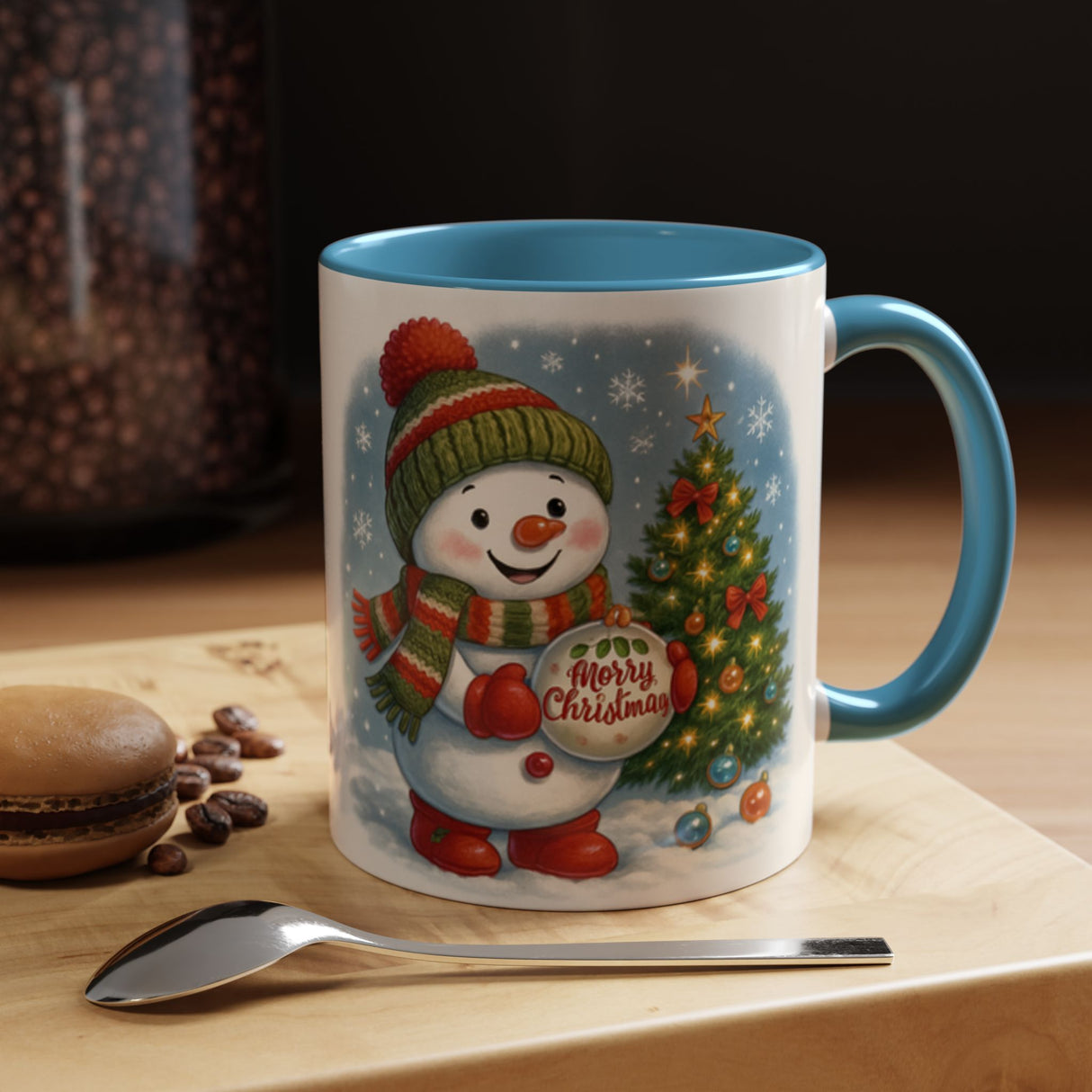 Artful display of the Christmas Snowman Coffee Mug, perfect for gifting during the festive season.