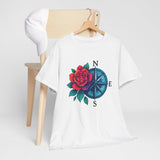 Compass Rose Tee — Red Rose Nautical Compass Graphic T-Shirt displayed with travel accessories, embodying adventure.