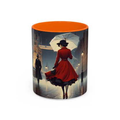 Elegant Red Dress Coffee Mug against cozy background, showing off its artistic city scene design.