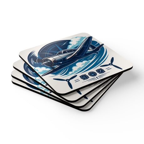 Close-up of Vintage Airplane Corkwood Coaster Set highlighting the natural cork backing for protection.