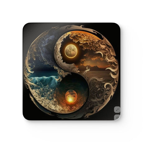 Yin Yang Corkwood Coaster Set featuring vibrant glossy artwork, perfect for eco-friendly drinkware accessories.