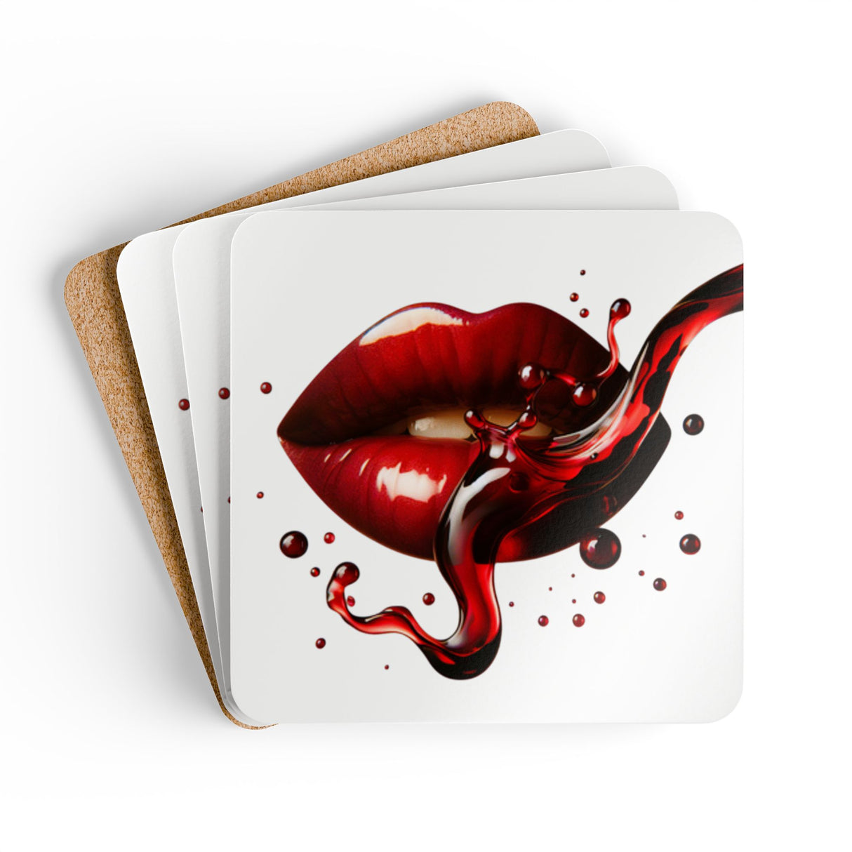 Cork Coaster Set — a playful red wine lips splash design, perfect for cozy nights or lively get-togethers!