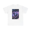 Close-up of the Galaxy Heart Couple T-Shirt's cosmic heart design that highlights two silhouettes in a nebula.