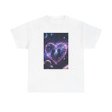Close-up of the Galaxy Heart Couple T-Shirt's cosmic heart design that highlights two silhouettes in a nebula.