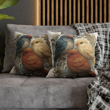 Close-up of the Decorative Pillow - Vintage Floral Birds Square Pillowcase 16" × 16", featuring rich colors and intricate details in the floral design.