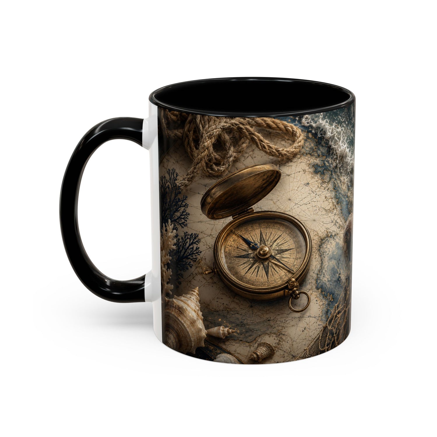 Nautical Compass Accent Coffee Mug – Vintage Sea Shells &amp; Compass Travel Design (11oz)