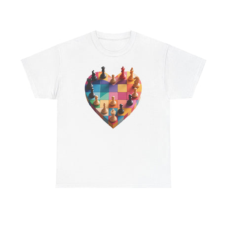 Casual wearer showing off the vibrant Chess Heart T‑Shirt with a playful design.