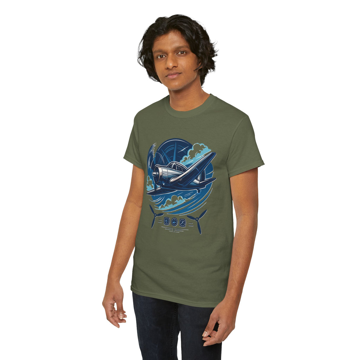 Vintage Propeller Plane T-Shirt with a retro graphic printed in bright colors, ideal for aviation enthusiasts.