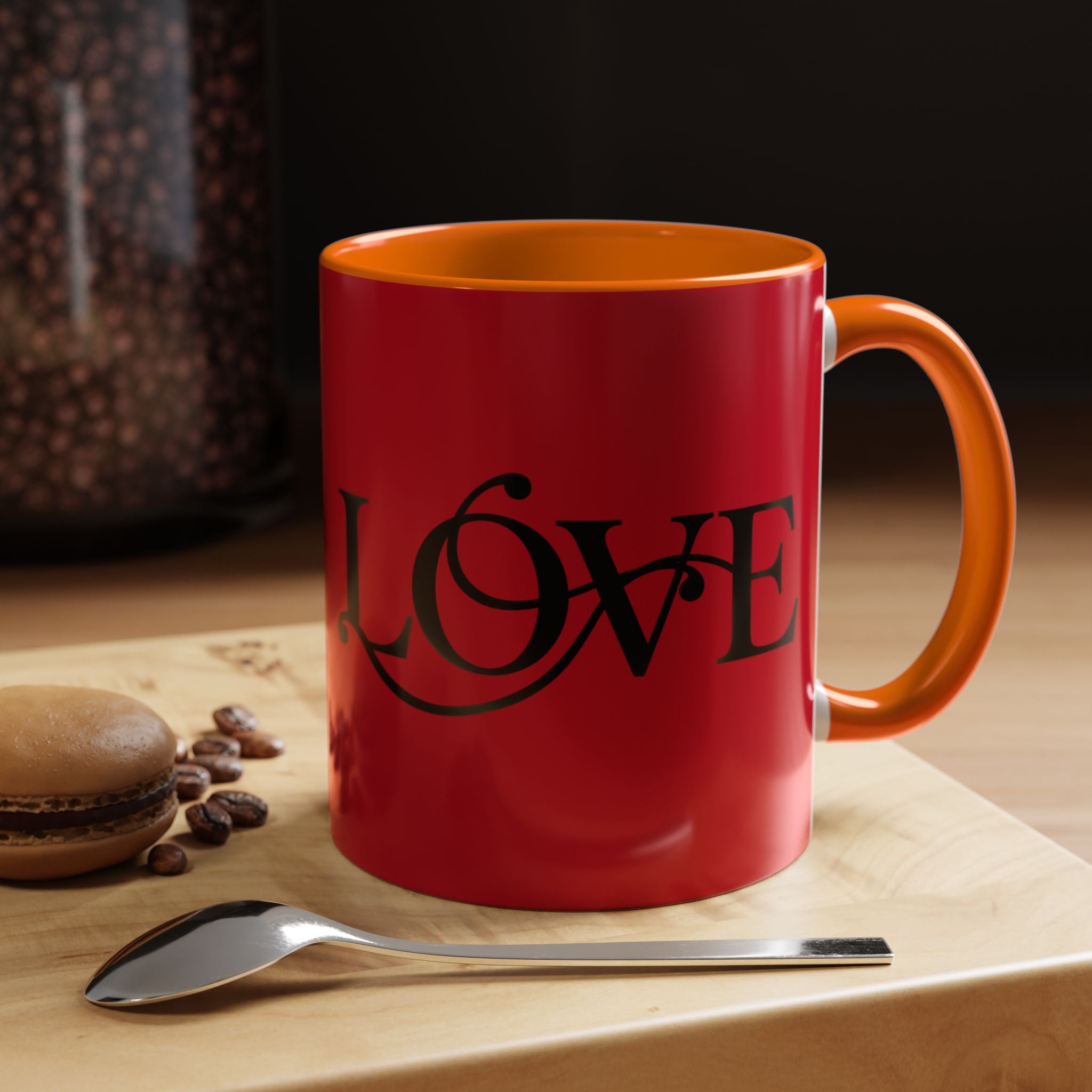 Love Script Accent Coffee Mug — Red &amp; Black Romantic Ceramic Coffee Cup (11oz)